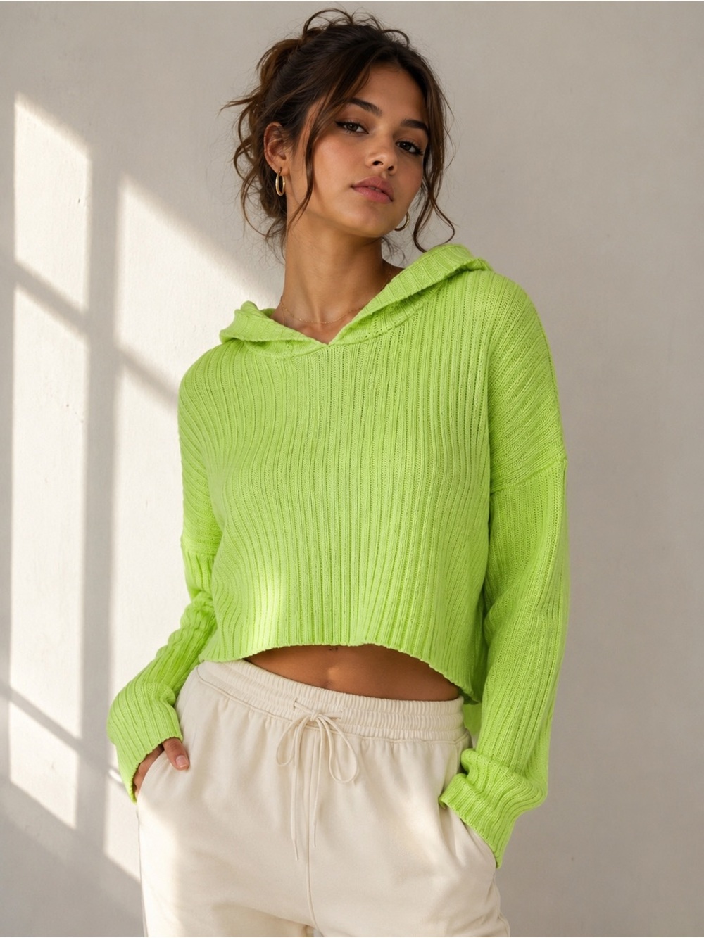 Forever 21 Neon Green Ribbed Knit‎ Hooded Cropped Sweater Size Small NWT